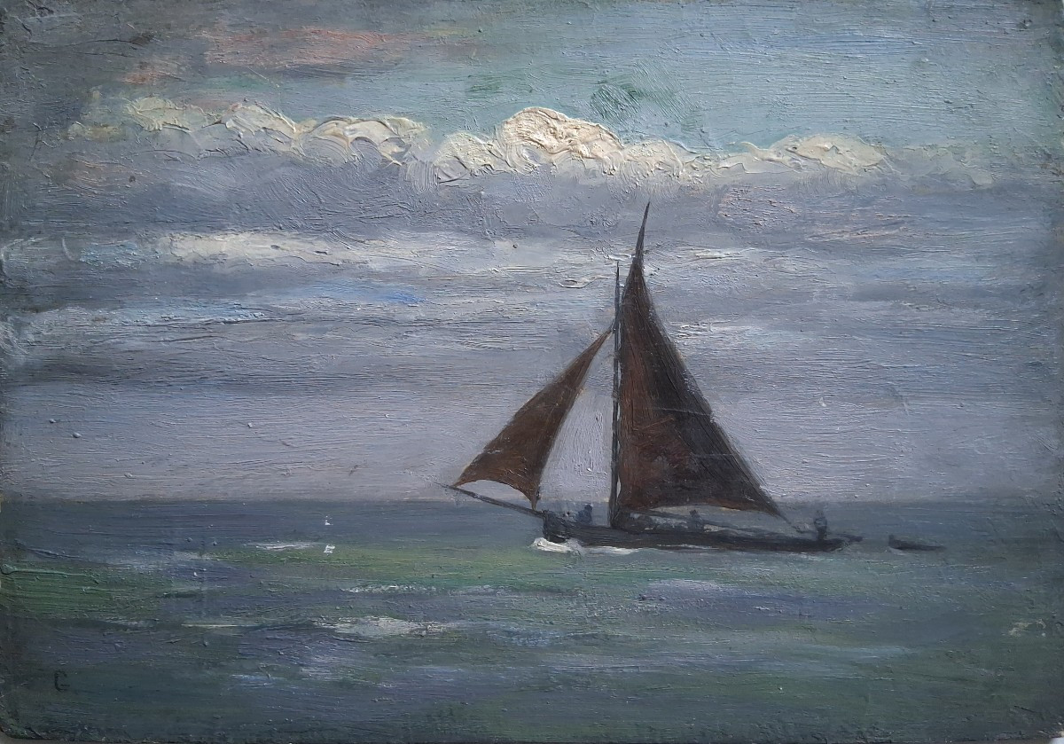 Huile sur panneau marine paysage pêcheurs en mer