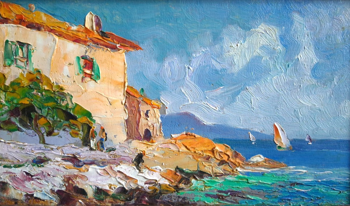 Seascape Seaside Oil On Wood 1930/1940-photo-2