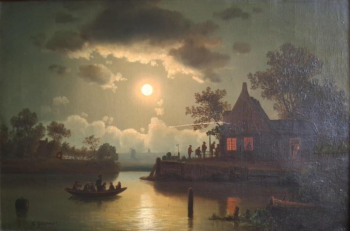 Theodor GENENGER (1850-1873) huile sur toile paysage marin au clair de lune 19ème Hollande-photo-2