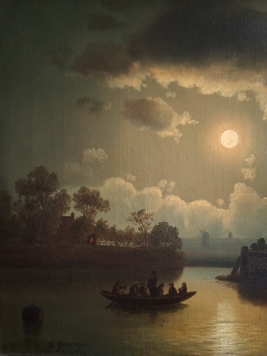 Theodor GENENGER (1850-1873) huile sur toile paysage marin au clair de lune 19ème Hollande-photo-3