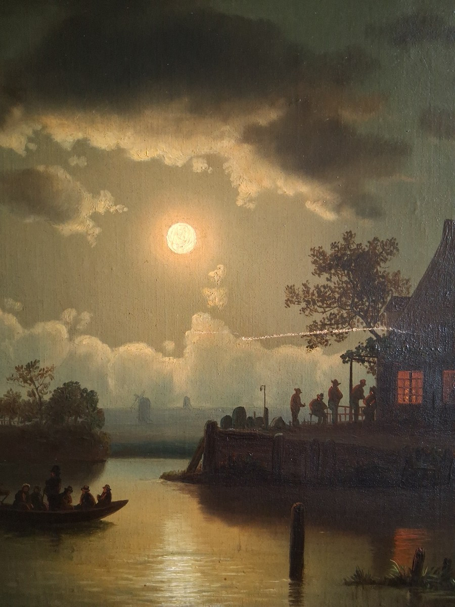 Theodor GENENGER (1850-1873) huile sur toile paysage marin au clair de lune 19ème Hollande-photo-4
