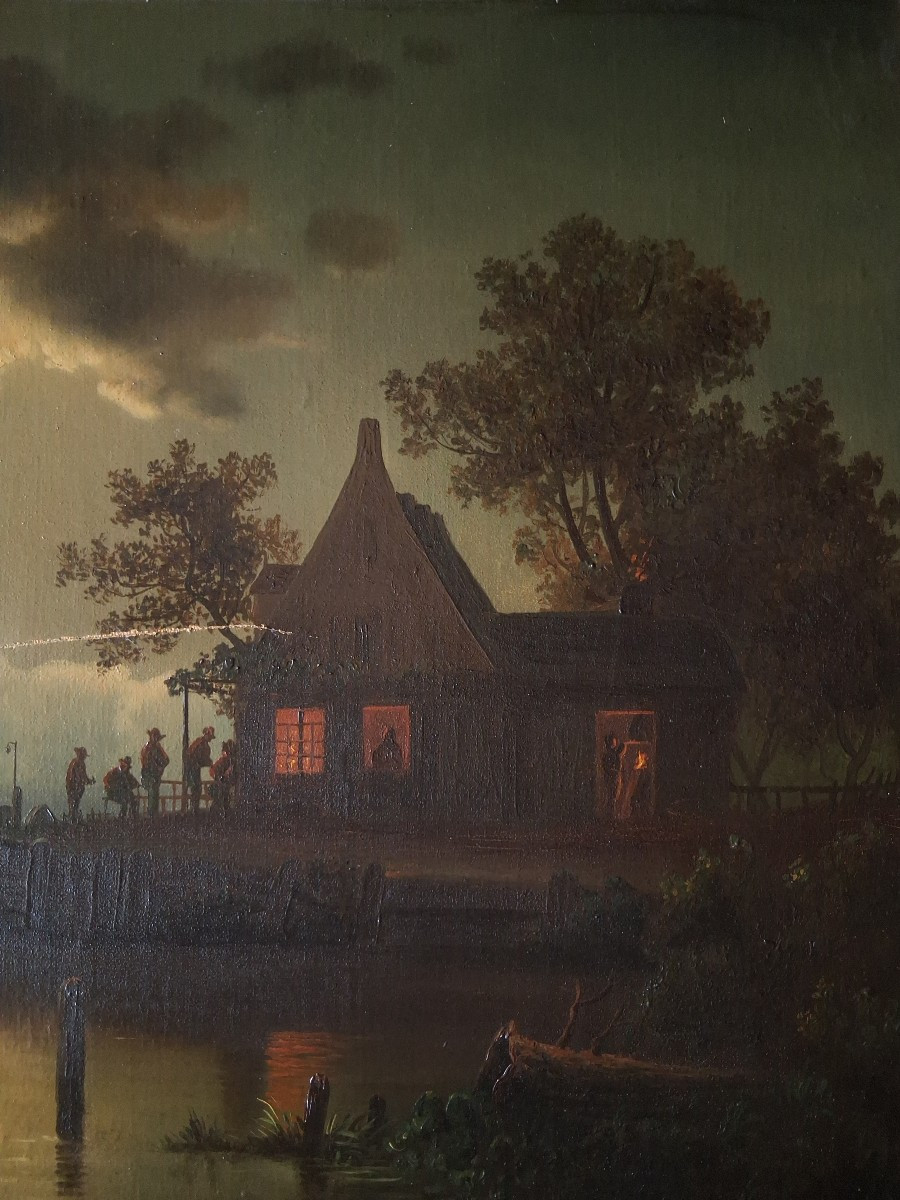 Theodor GENENGER (1850-1873) huile sur toile paysage marin au clair de lune 19ème Hollande-photo-1