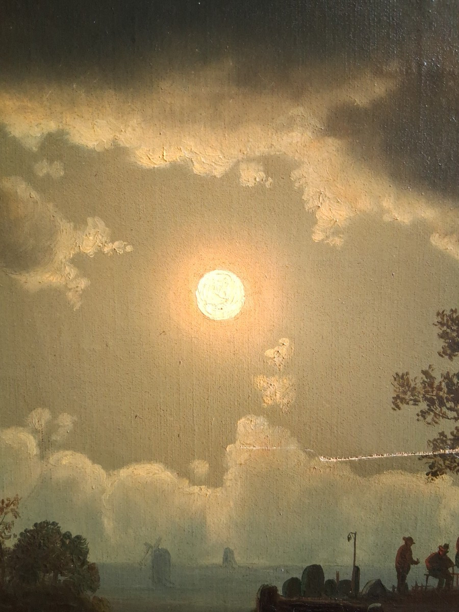 Theodor GENENGER (1850-1873) huile sur toile paysage marin au clair de lune 19ème Hollande-photo-3