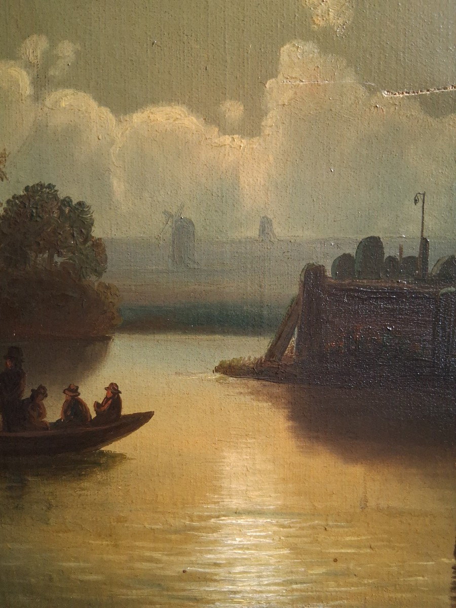 Theodor GENENGER (1850-1873) huile sur toile paysage marin au clair de lune 19ème Hollande-photo-4