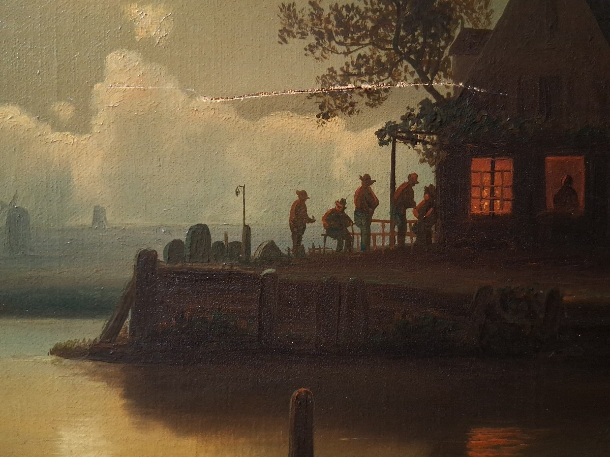 Theodor GENENGER (1850-1873) huile sur toile paysage marin au clair de lune 19ème Hollande-photo-5