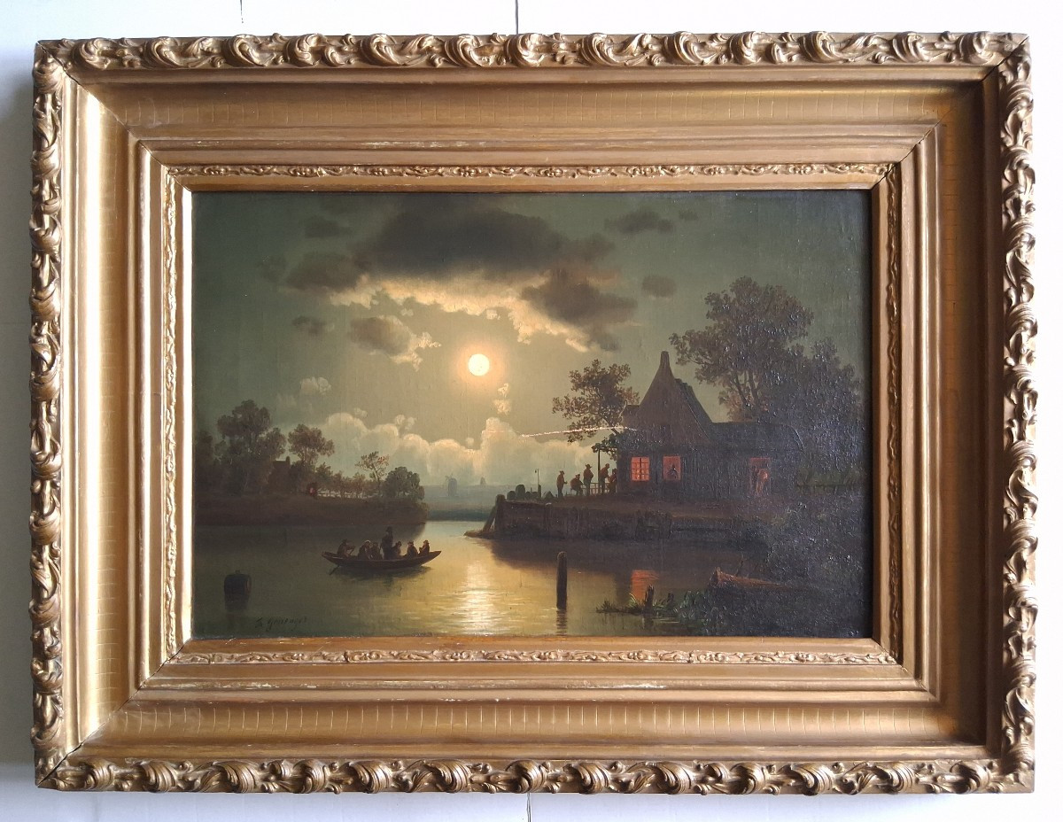 Theodor GENENGER (1850-1873) huile sur toile paysage marin au clair de lune 19ème Hollande
