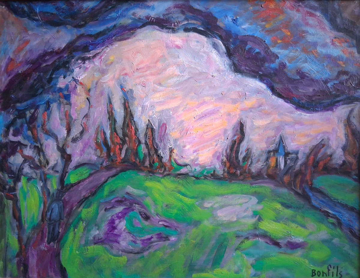 Louise Bonfils (1913-2010) "prairie At Sunset" Oil On Canvas Landscape At Twilight-photo-2
