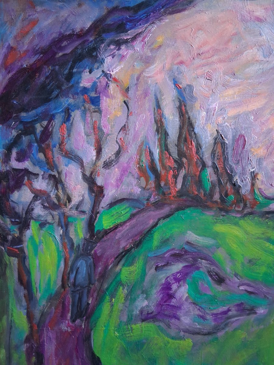 Louise Bonfils (1913-2010) "prairie At Sunset" Oil On Canvas Landscape At Twilight-photo-3
