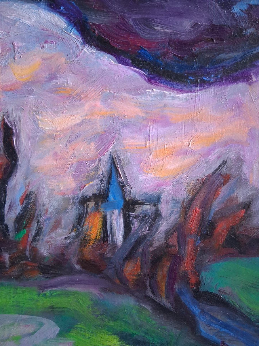 Louise Bonfils (1913-2010) "prairie At Sunset" Oil On Canvas Landscape At Twilight-photo-5