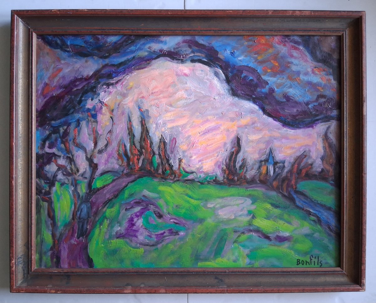 Louise Bonfils (1913-2010) "prairie At Sunset" Oil On Canvas Landscape At Twilight