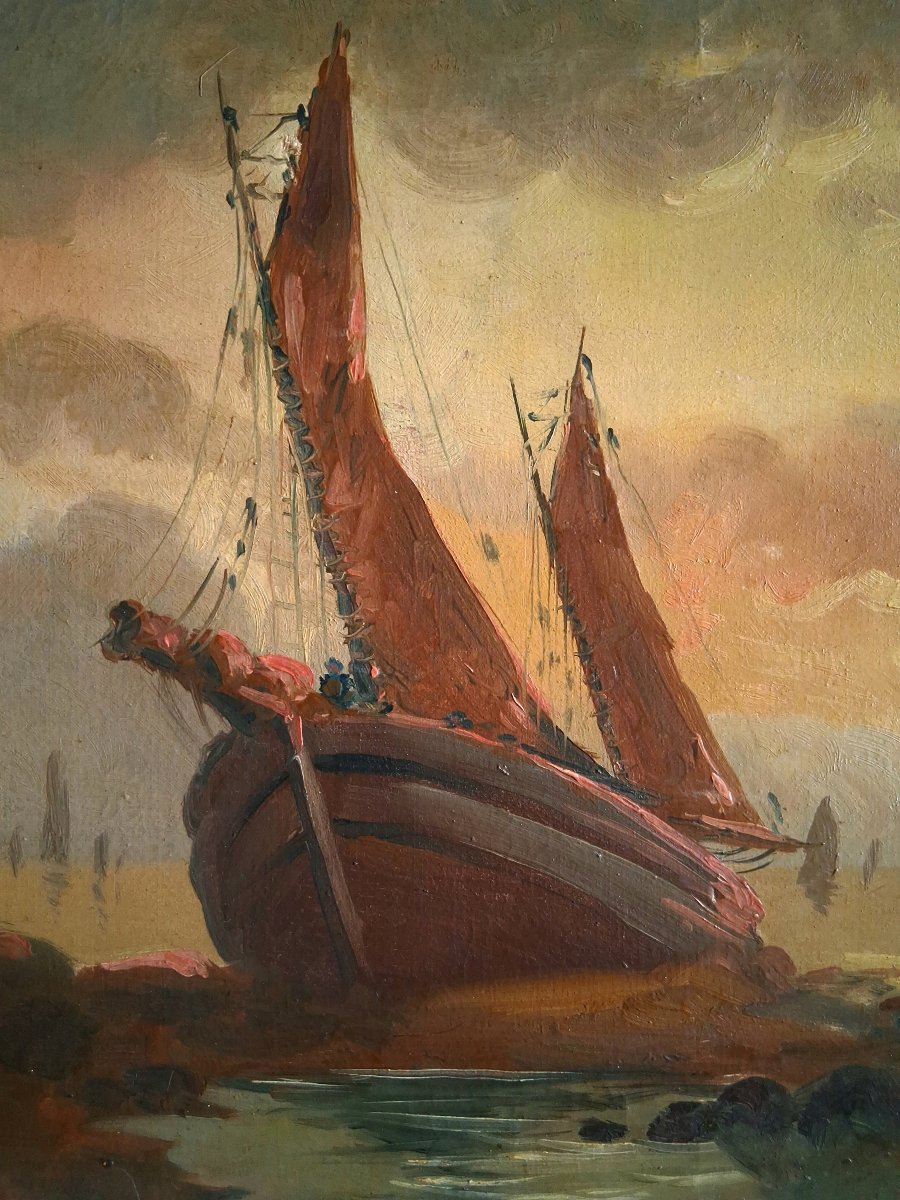 Oil On Canvas Marine Scene Boats At Dusk Late 19th Century-photo-3