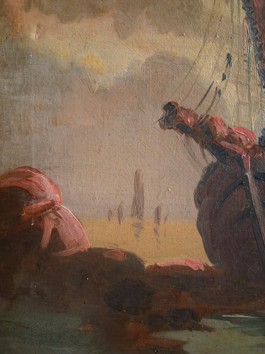 Oil On Canvas Marine Scene Boats At Dusk Late 19th Century-photo-4