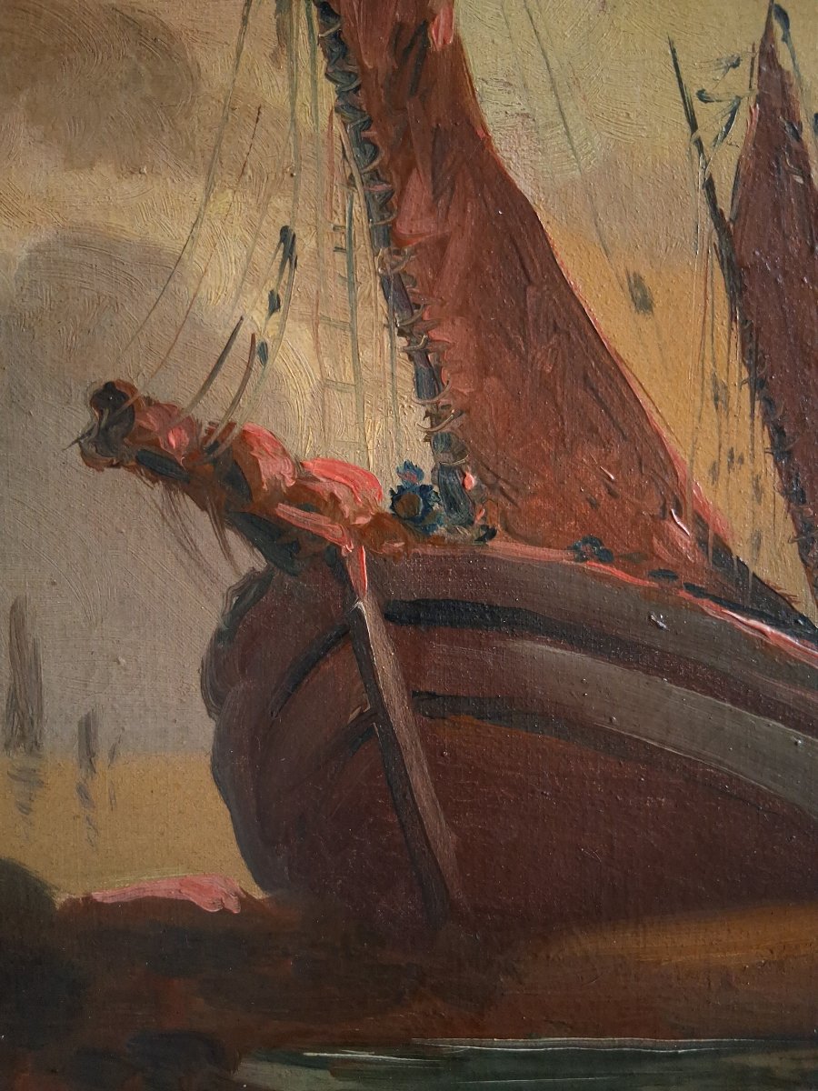 Oil On Canvas Marine Scene Boats At Dusk Late 19th Century-photo-1