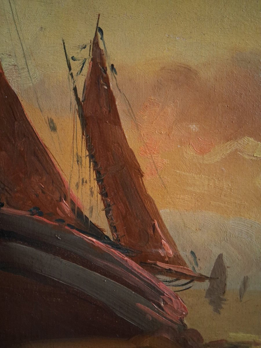 Oil On Canvas Marine Scene Boats At Dusk Late 19th Century-photo-2