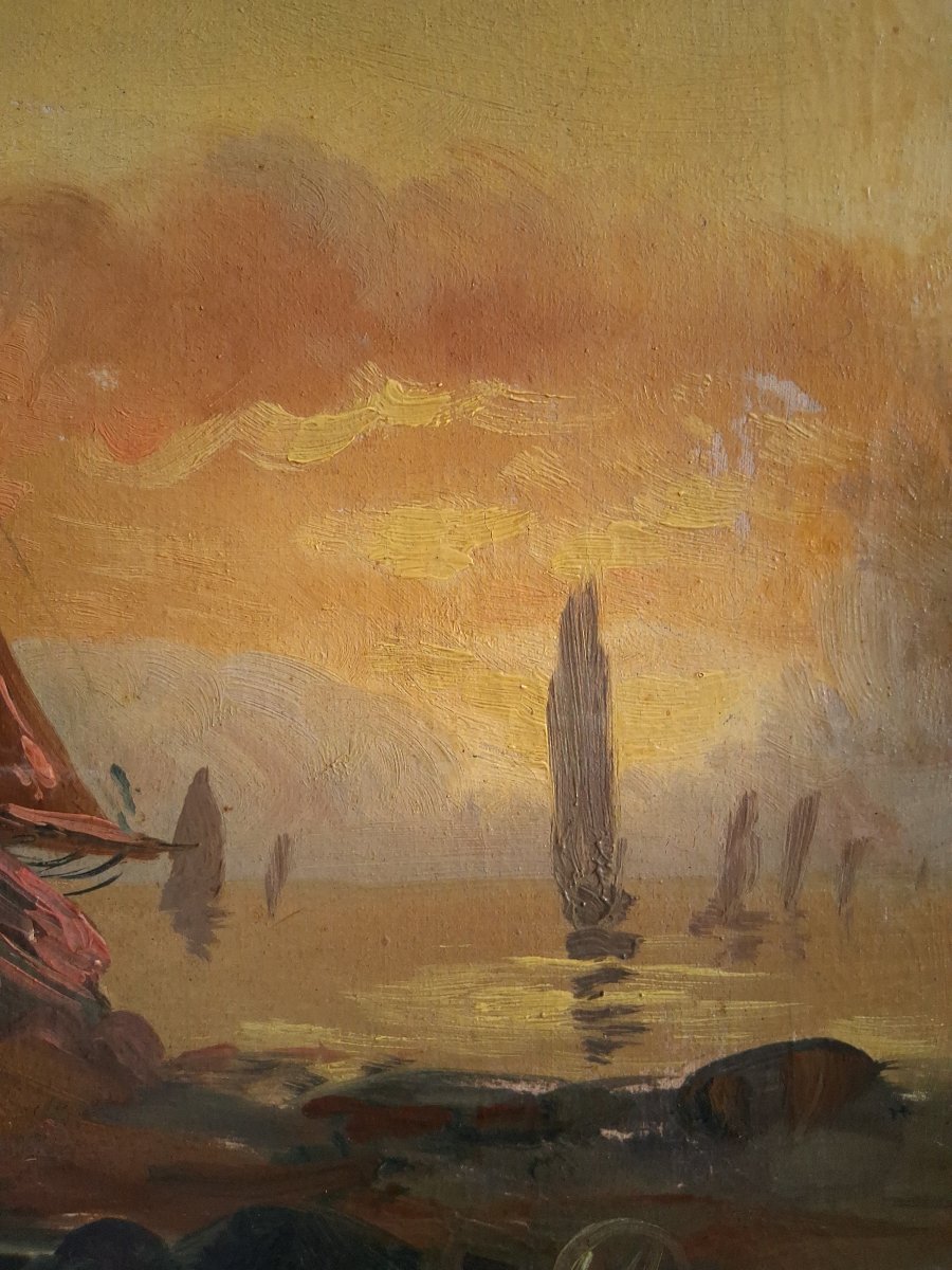 Oil On Canvas Marine Scene Boats At Dusk Late 19th Century-photo-3
