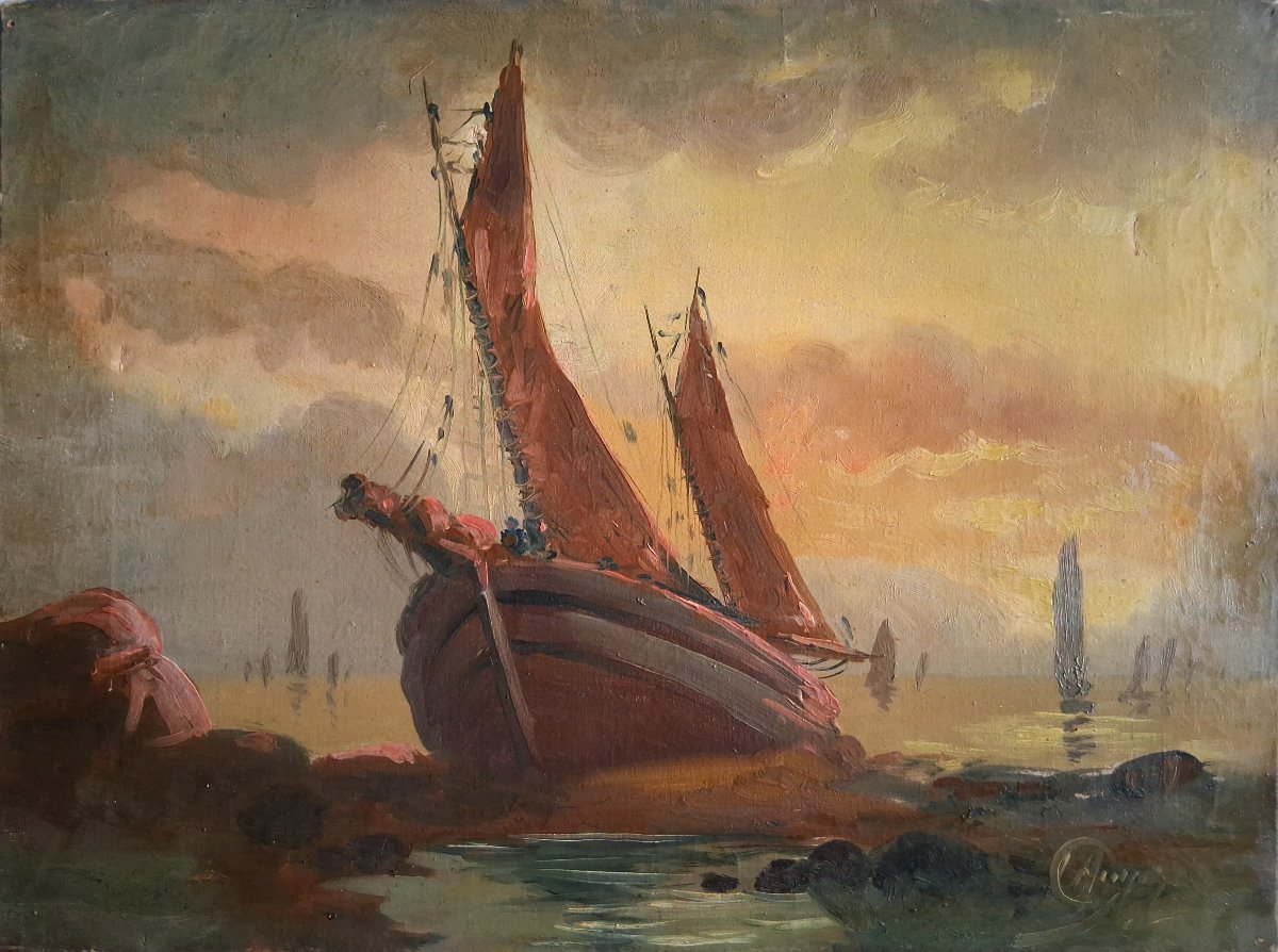 Oil On Canvas Marine Scene Boats At Dusk Late 19th Century