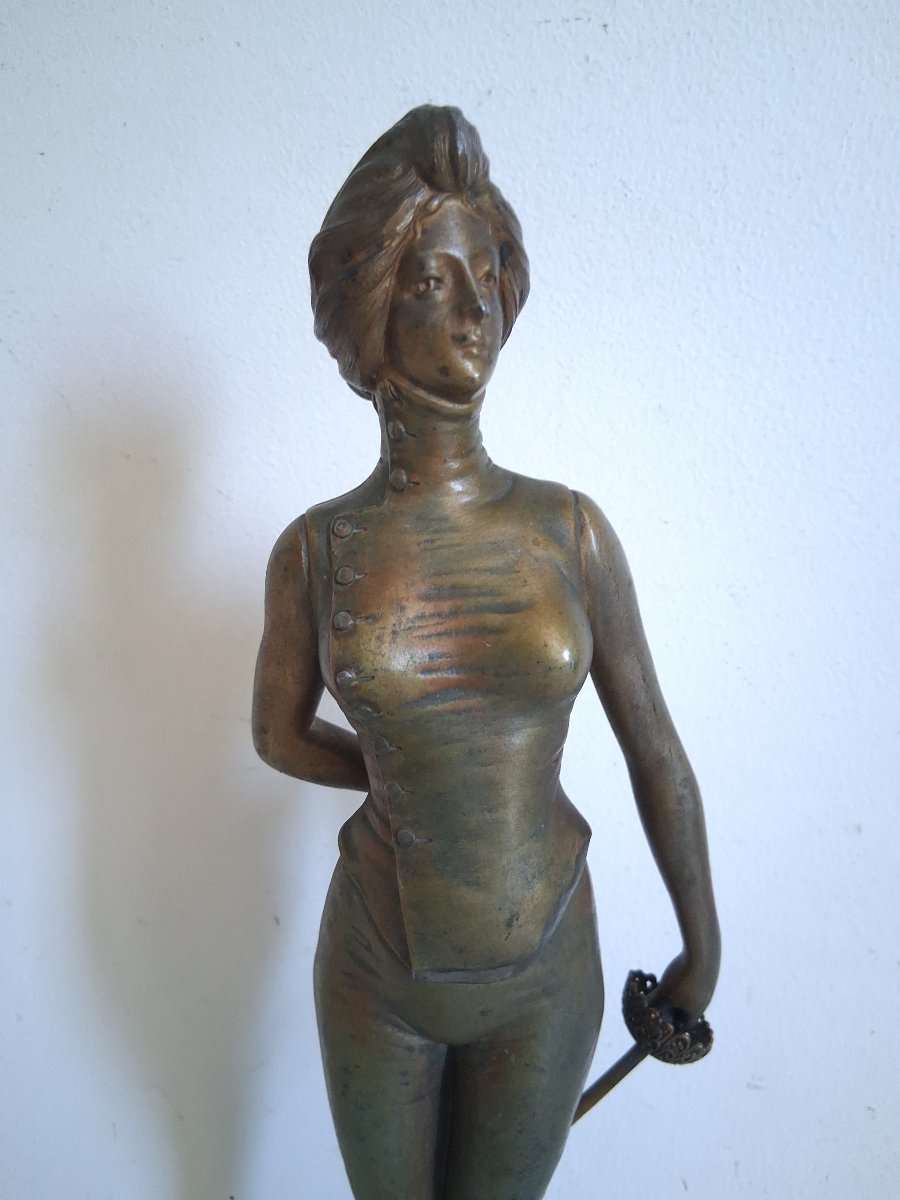Jean Garnier (1853-1930) Fencing Female Fencer "challenge" Spelter Sculpture 1900-photo-1