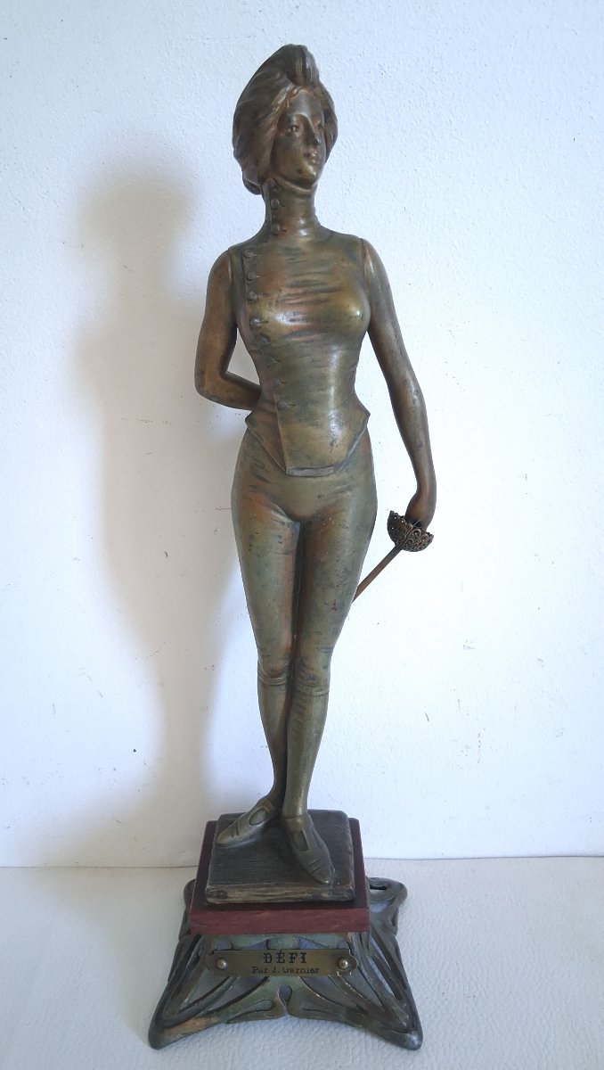 Jean Garnier (1853-1930) Fencing Female Fencer "challenge" Spelter Sculpture 1900