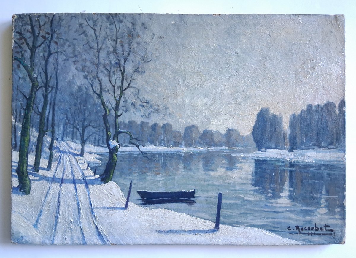 Huile sur toile paysage enneigé rivière C. Recorbet-photo-2