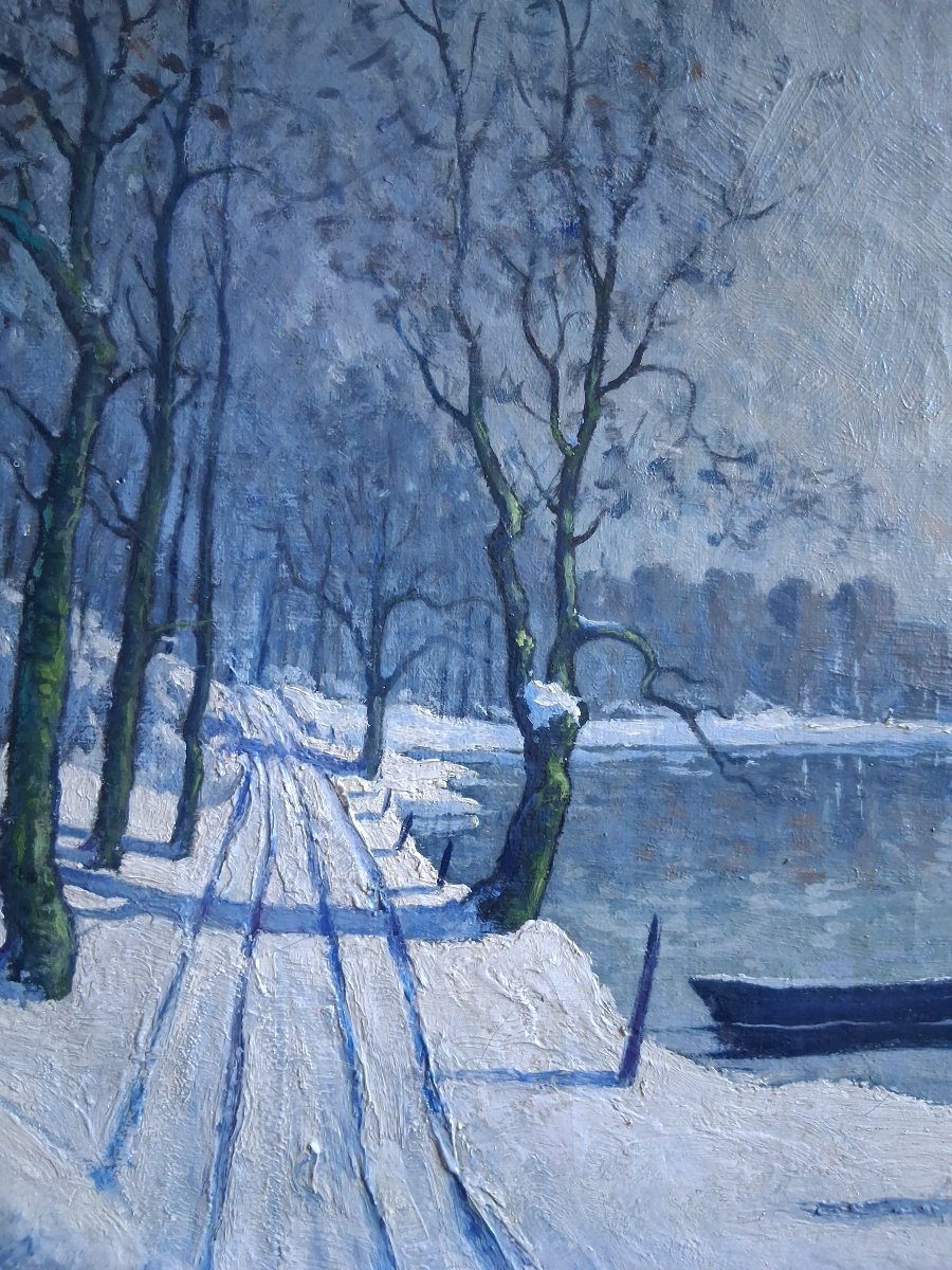 Huile sur toile paysage enneigé rivière C. Recorbet-photo-3