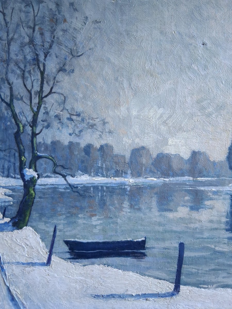 Huile sur toile paysage enneigé rivière C. Recorbet-photo-4