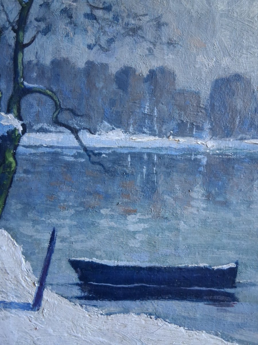 Huile sur toile paysage enneigé rivière C. Recorbet-photo-3
