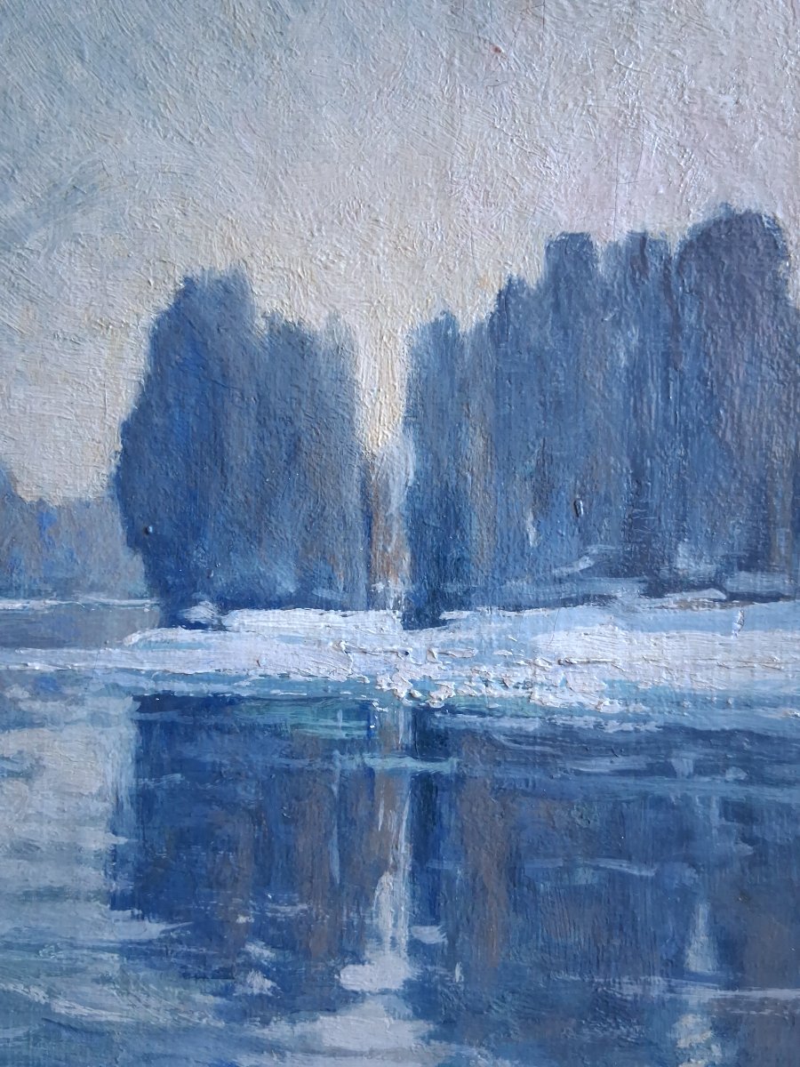 Huile sur toile paysage enneigé rivière C. Recorbet-photo-4