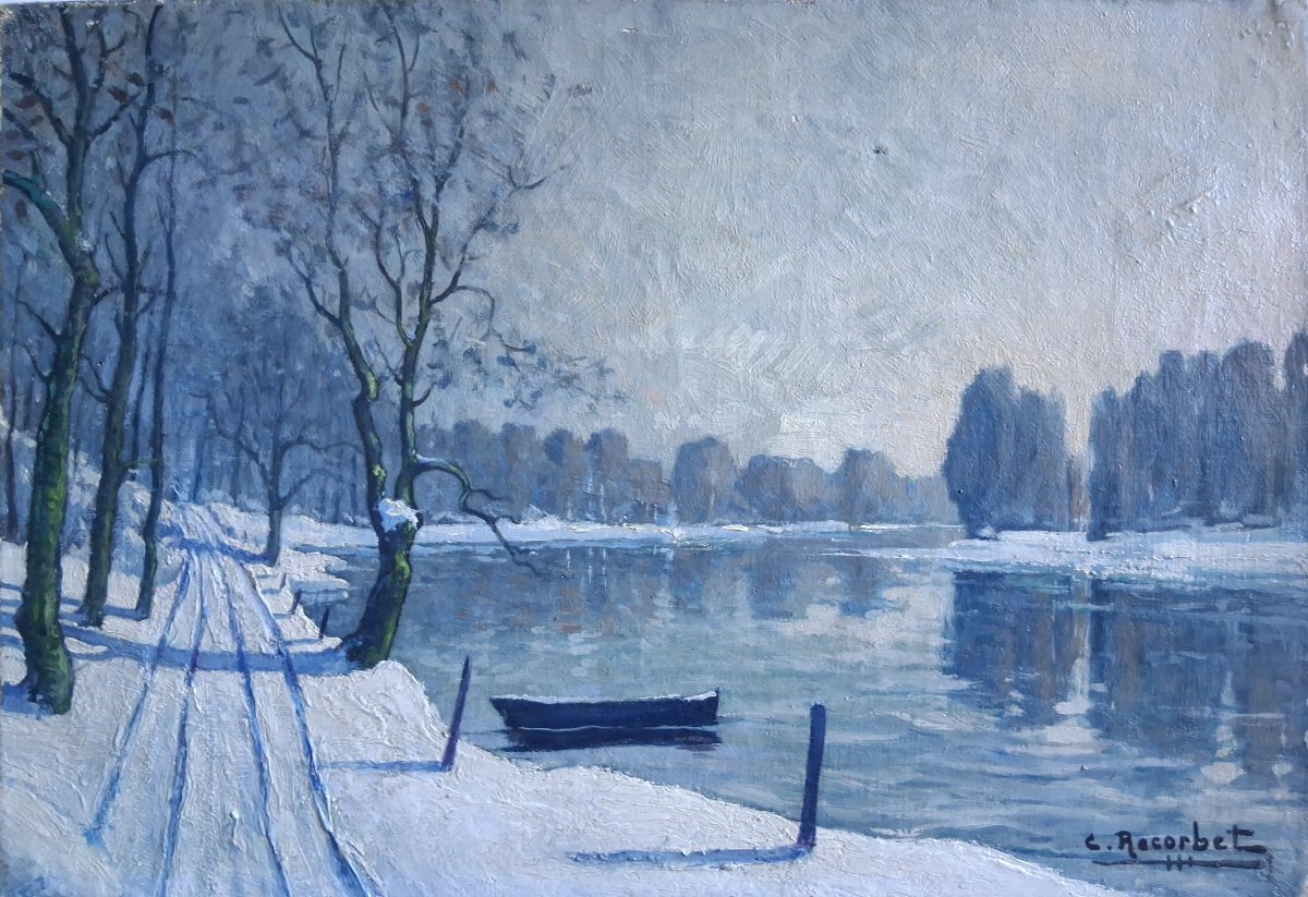 Huile sur toile paysage enneigé rivière C. Recorbet