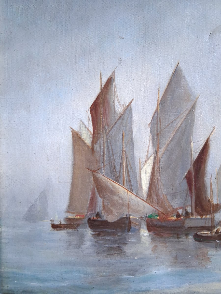 Marie Edouard ADAM (1847-1929) huile sur toile marine bateaux de pêche Normandie 1908-photo-2