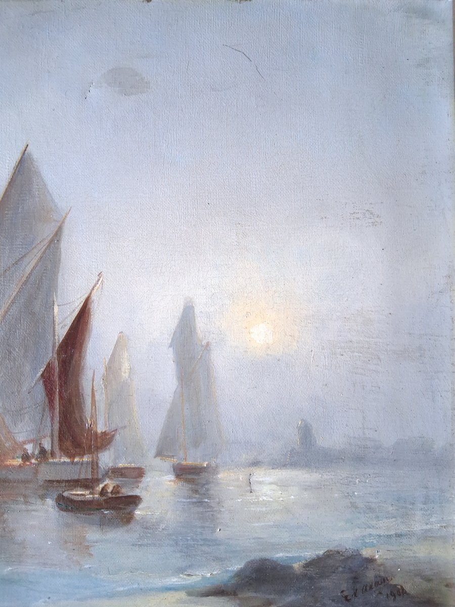 Marie Edouard ADAM (1847-1929) huile sur toile marine bateaux de pêche Normandie 1908-photo-4