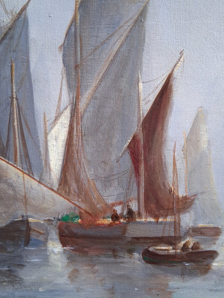 Marie Edouard ADAM (1847-1929) huile sur toile marine bateaux de pêche Normandie 1908-photo-2