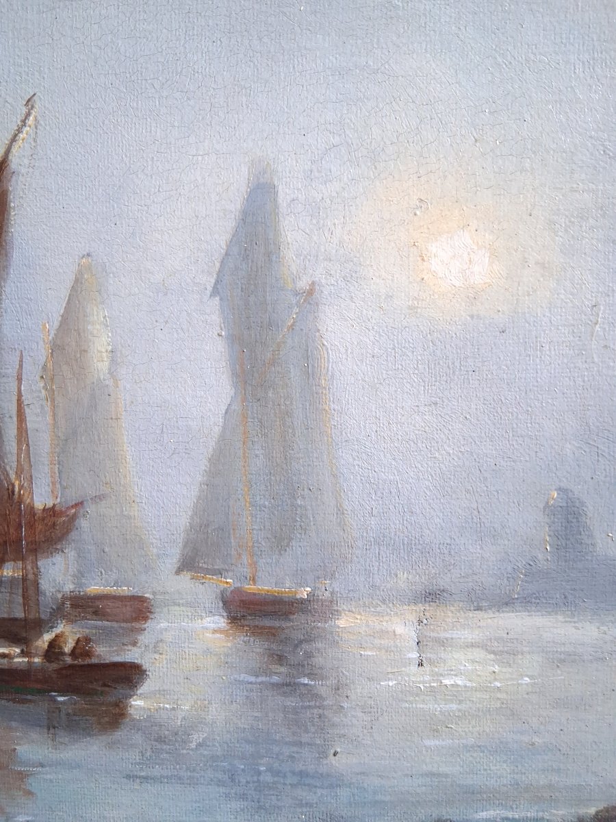 Marie Edouard ADAM (1847-1929) huile sur toile marine bateaux de pêche Normandie 1908-photo-3
