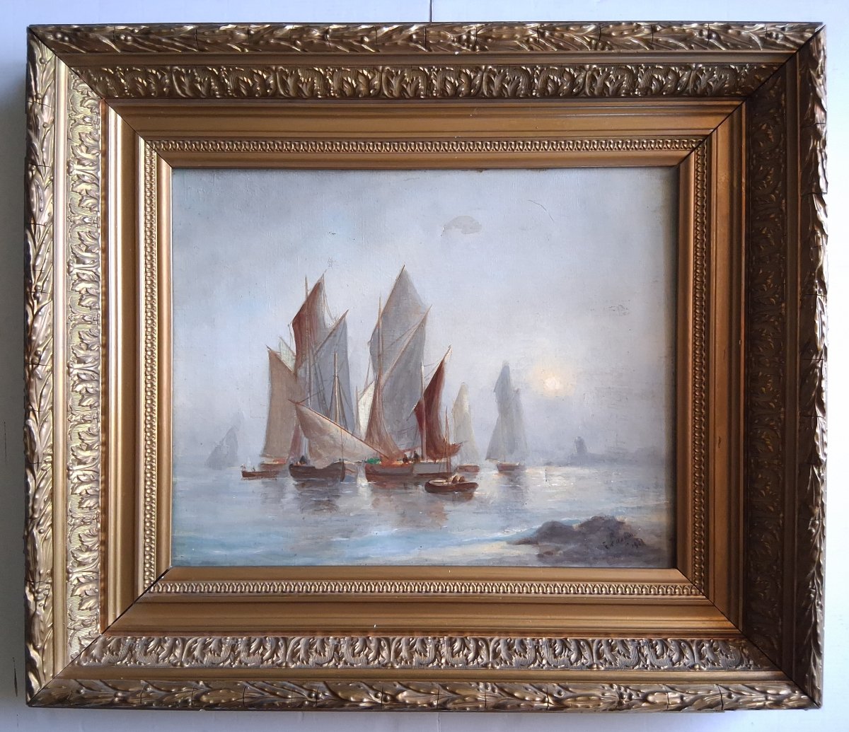 Marie Edouard ADAM (1847-1929) huile sur toile marine bateaux de pêche Normandie 1908
