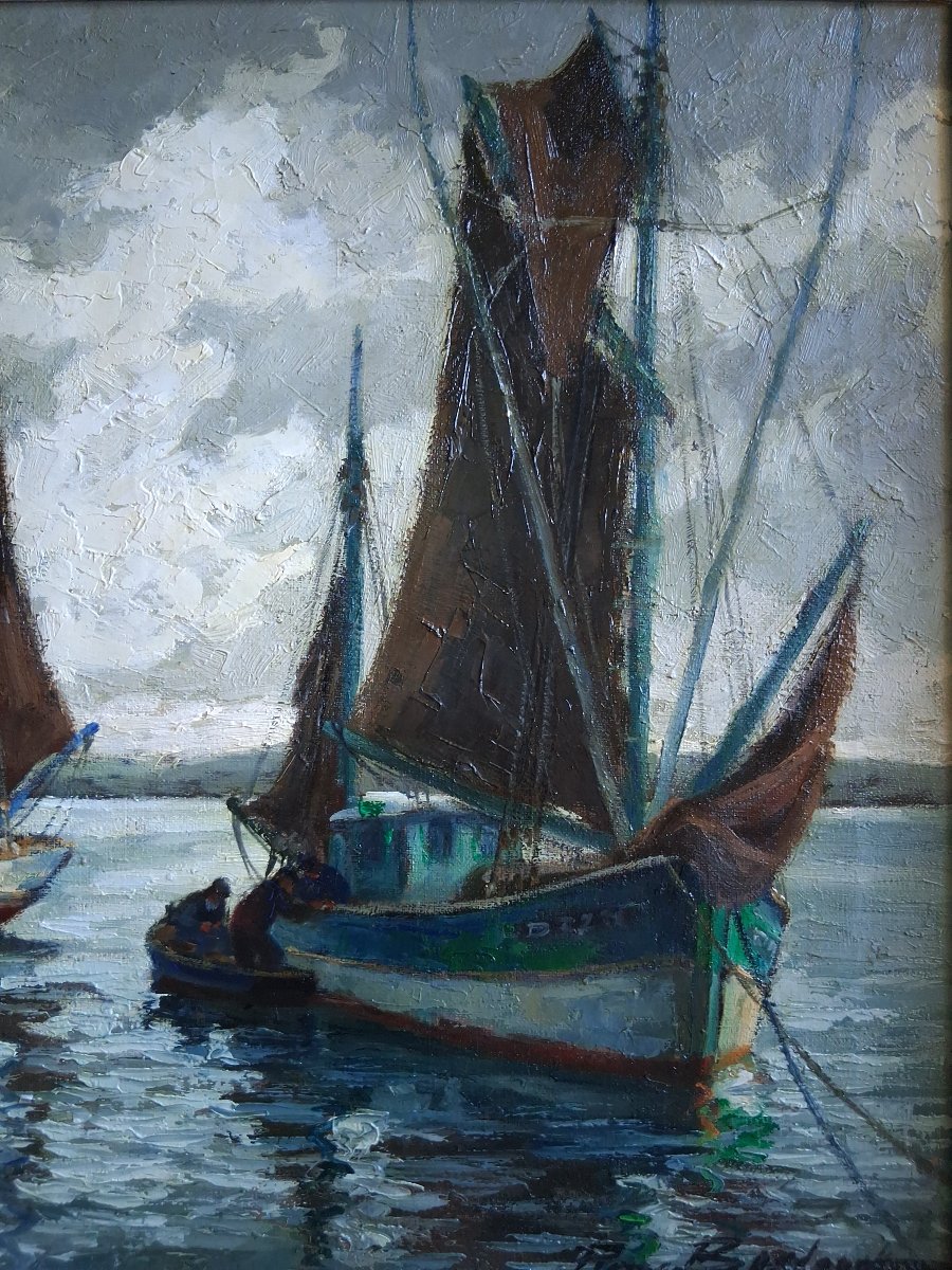Pierre Bogdanoff (1888-1967) Douarnenez, Brittany "tuna Boats At Rest" Oil On Marine Canvas-photo-4