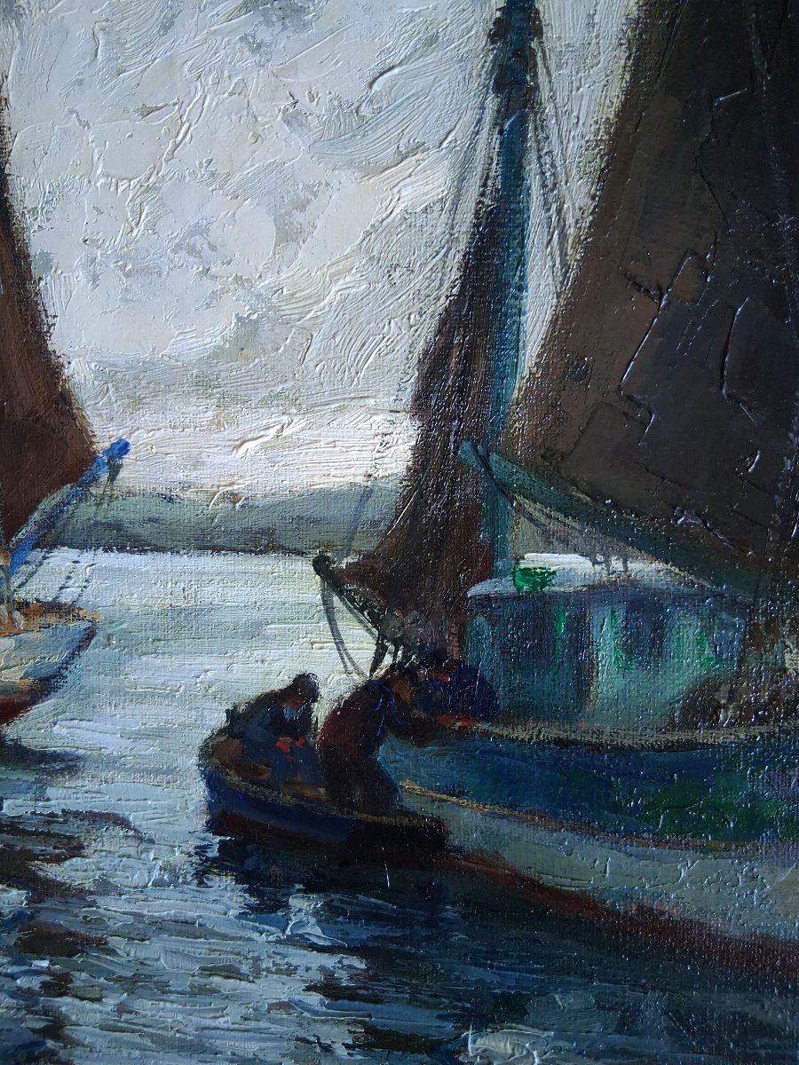 Pierre Bogdanoff (1888-1967) Douarnenez, Brittany "tuna Boats At Rest" Oil On Marine Canvas-photo-3