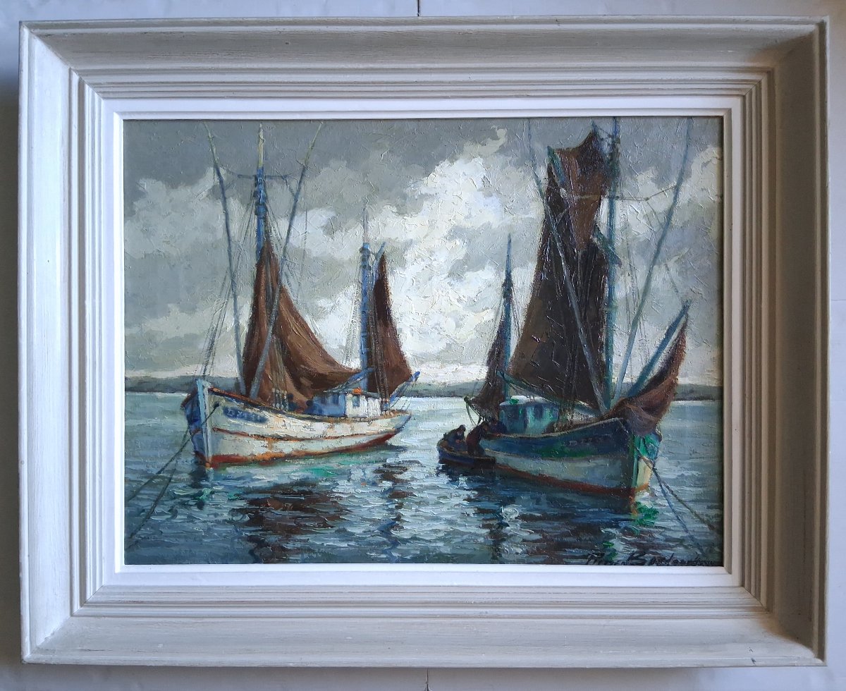 Pierre Bogdanoff (1888-1967) Douarnenez, Brittany "tuna Boats At Rest" Oil On Marine Canvas