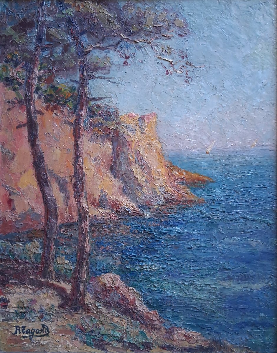 Seascape Le Trayas Saint-raphaël Estérel Massif Cove Oil On Wood R. Tagard-photo-2