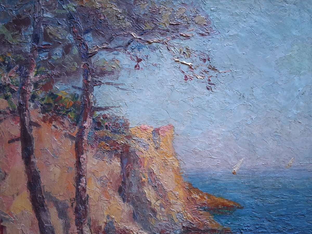 Seascape Le Trayas Saint-raphaël Estérel Massif Cove Oil On Wood R. Tagard-photo-4