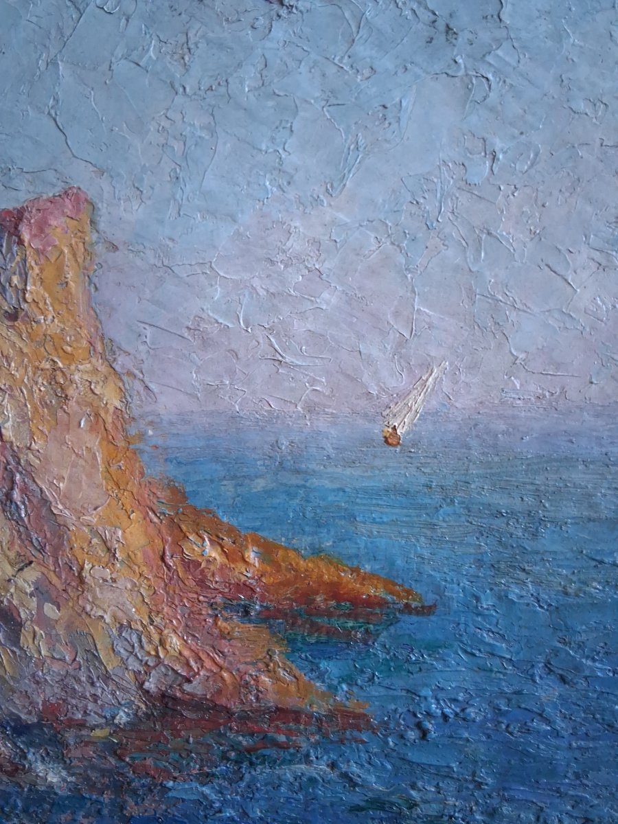 Seascape Le Trayas Saint-raphaël Estérel Massif Cove Oil On Wood R. Tagard-photo-4