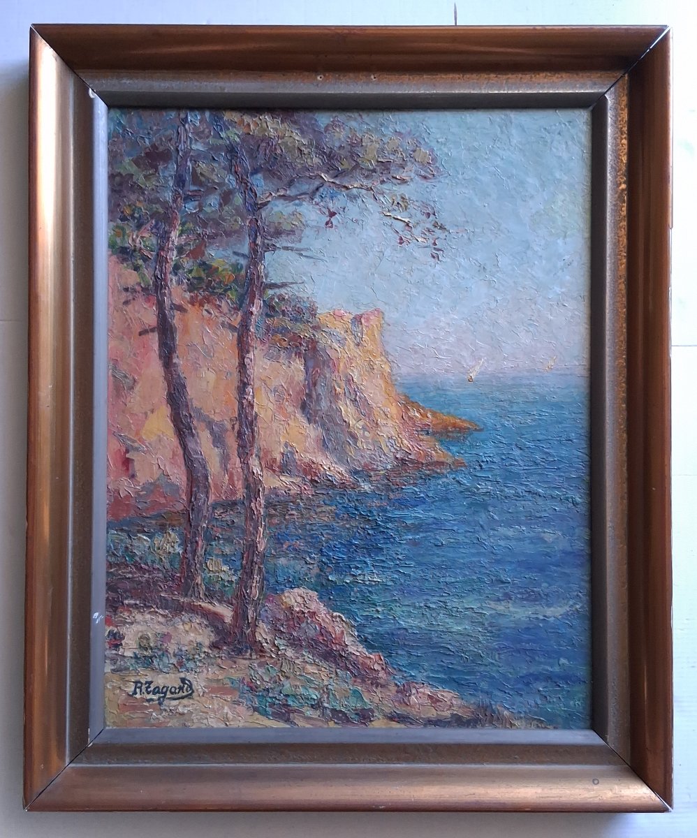 Seascape Le Trayas Saint-raphaël Estérel Massif Cove Oil On Wood R. Tagard