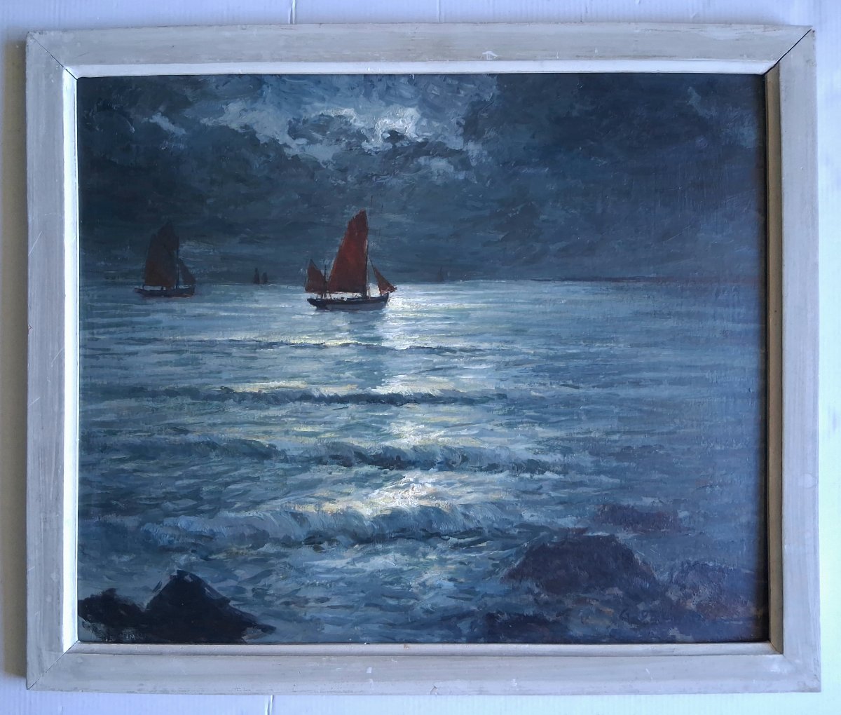 Gabriel DESCHAMPS (1919-2011) "Clair de lune en mer" marine huile sur panneau-photo-2