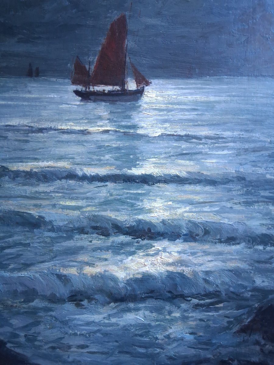 Gabriel DESCHAMPS (1919-2011) "Clair de lune en mer" marine huile sur panneau-photo-3