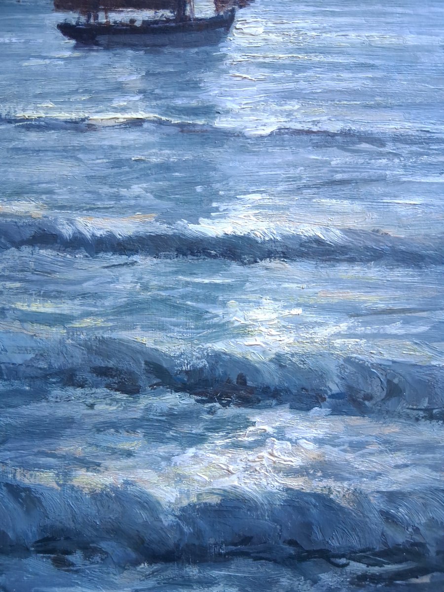 Gabriel DESCHAMPS (1919-2011) "Clair de lune en mer" marine huile sur panneau-photo-4