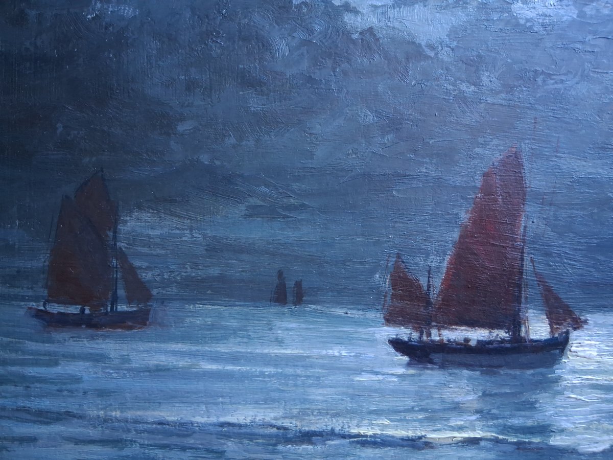 Gabriel DESCHAMPS (1919-2011) "Clair de lune en mer" marine huile sur panneau-photo-2