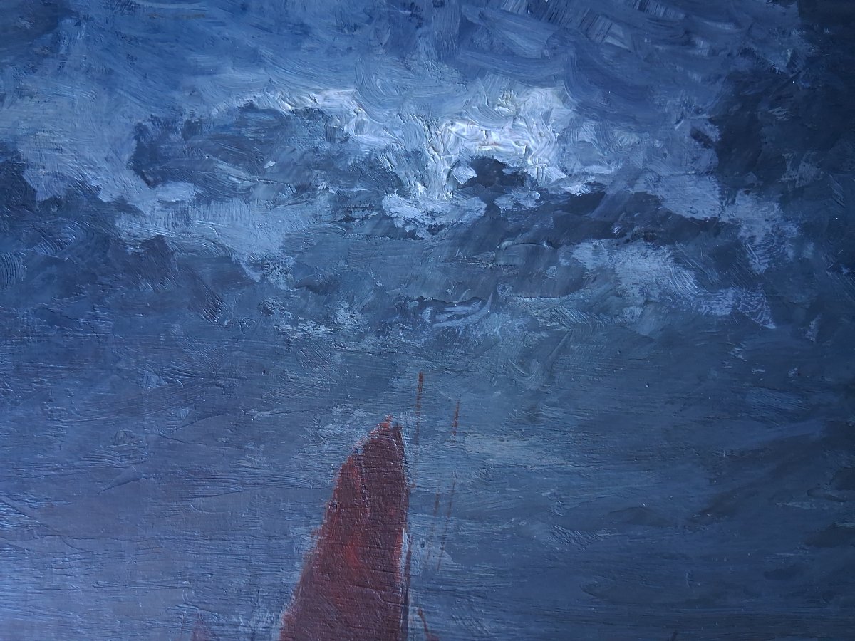 Gabriel DESCHAMPS (1919-2011) "Clair de lune en mer" marine huile sur panneau-photo-3