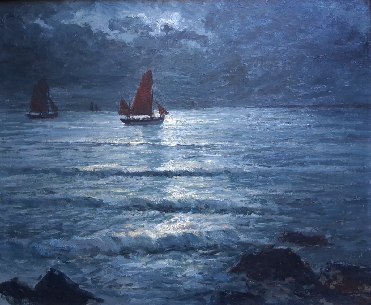 Gabriel DESCHAMPS (1919-2011) "Clair de lune en mer" marine huile sur panneau