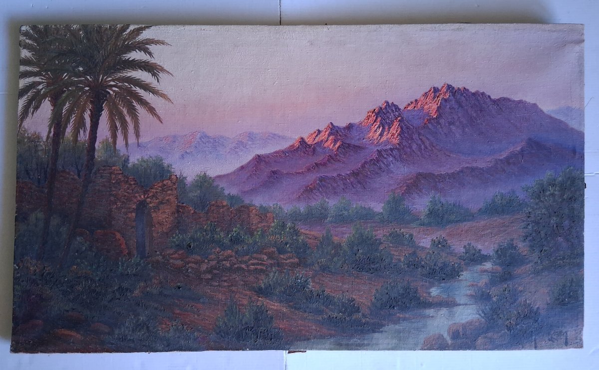 Henri Richevillain Oil On Canvas Orientalist Landscape At Dusk North Africa.-photo-2