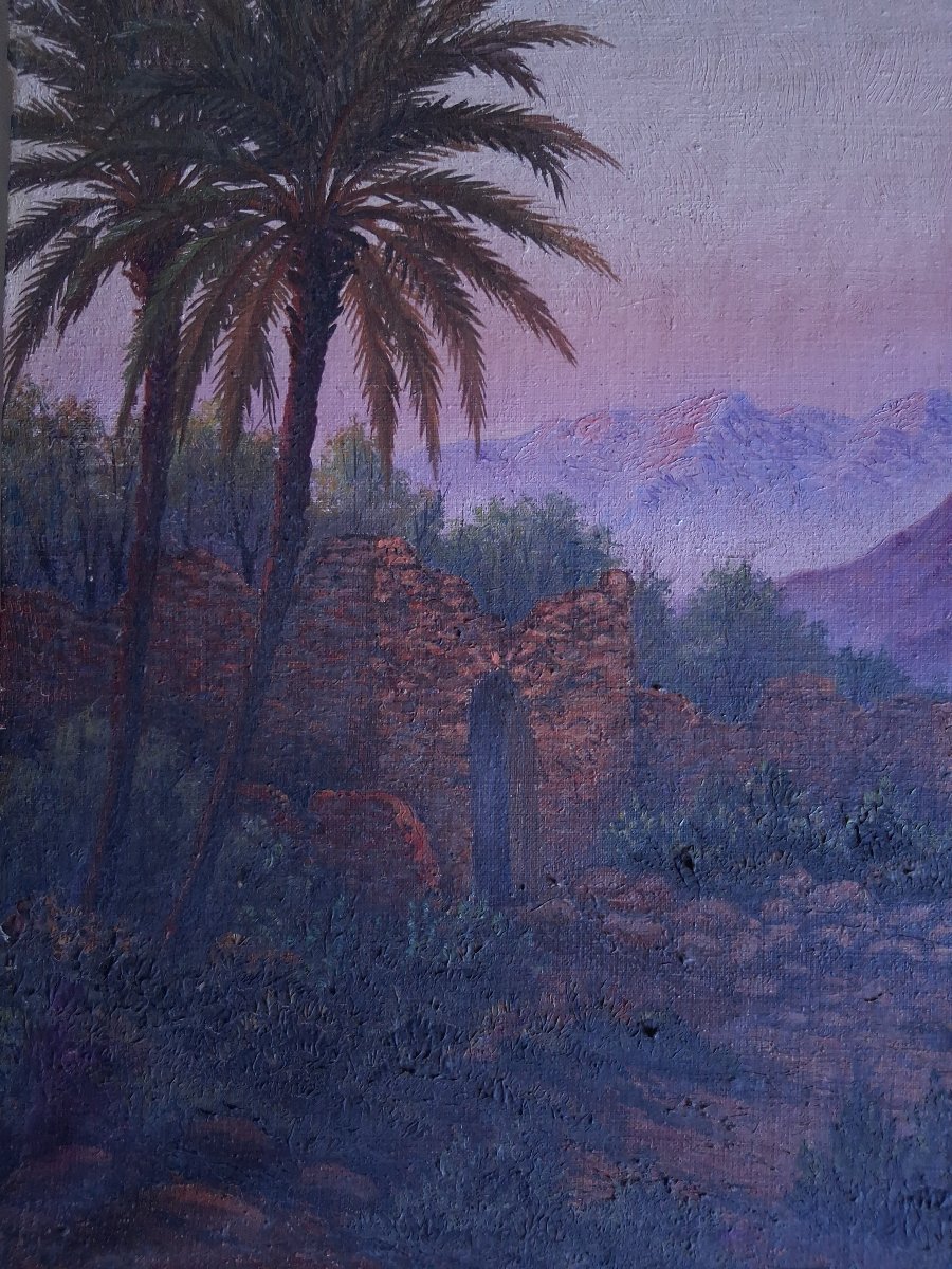 Henri Richevillain Oil On Canvas Orientalist Landscape At Dusk North Africa.-photo-3