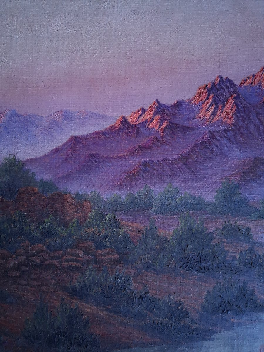 Henri Richevillain Oil On Canvas Orientalist Landscape At Dusk North Africa.-photo-4
