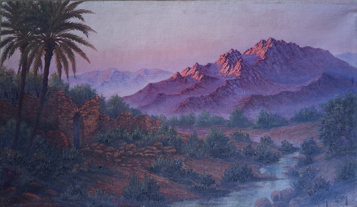 Henri Richevillain Oil On Canvas Orientalist Landscape At Dusk North Africa.